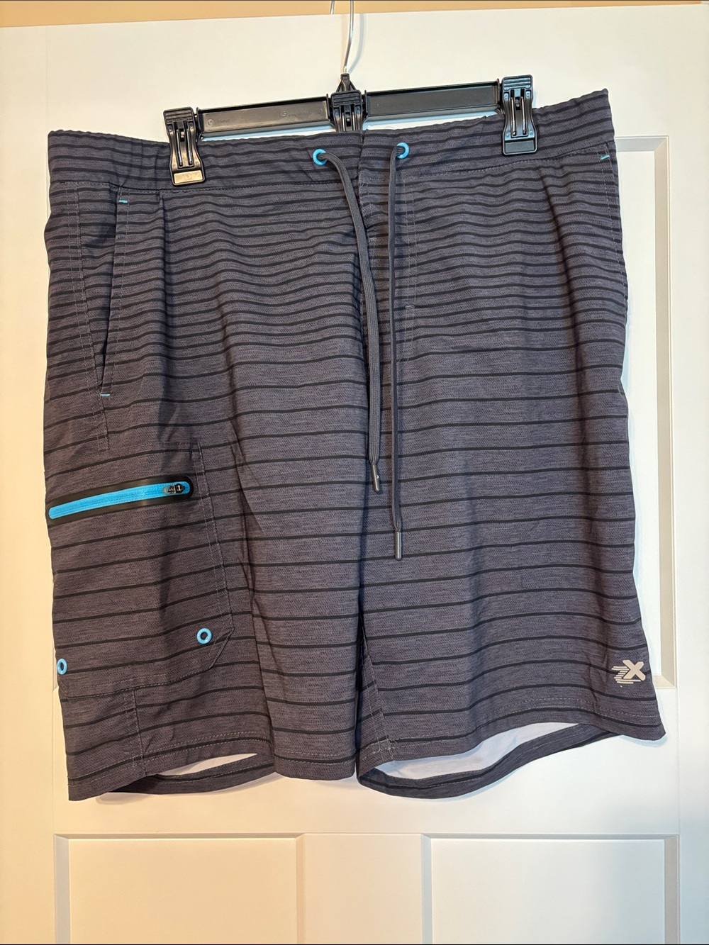Men's Gray Striped Swim Shorts with Blue Accents